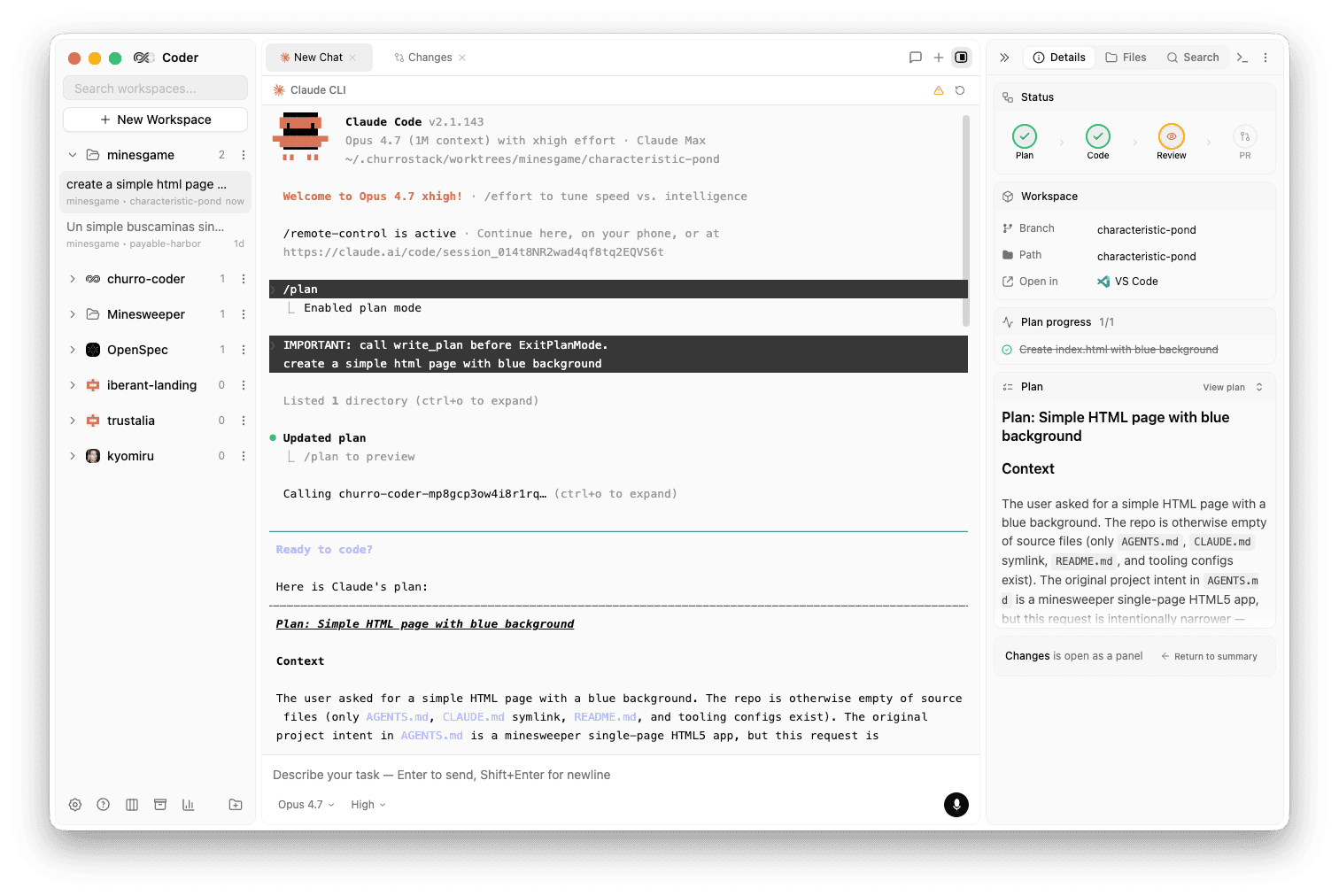 Churro Coder with the native Claude CLI embedded inside the UI — the plan, tasks, and status panels keep updating in real time even when you drive the agent from the native CLI